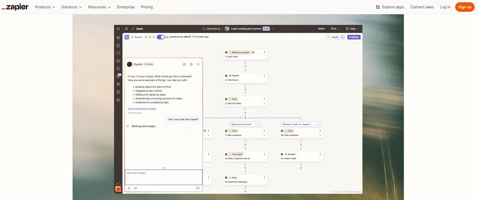 Zapier interface featuring AI assistant and workflow automation charts.