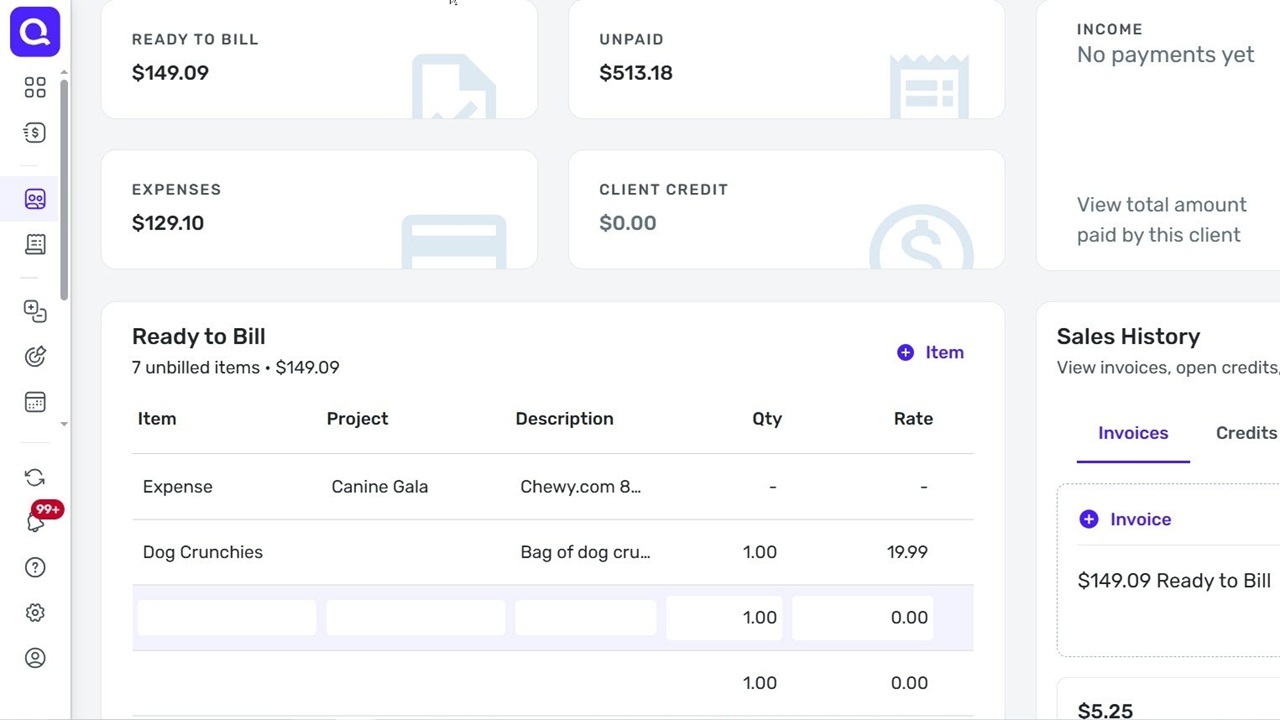 Client record in Quicken Business & Personal