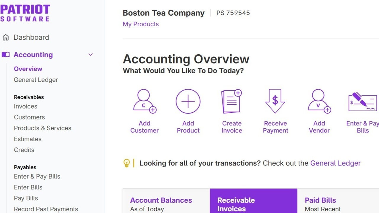 Patriot Software Accounting's dashboard