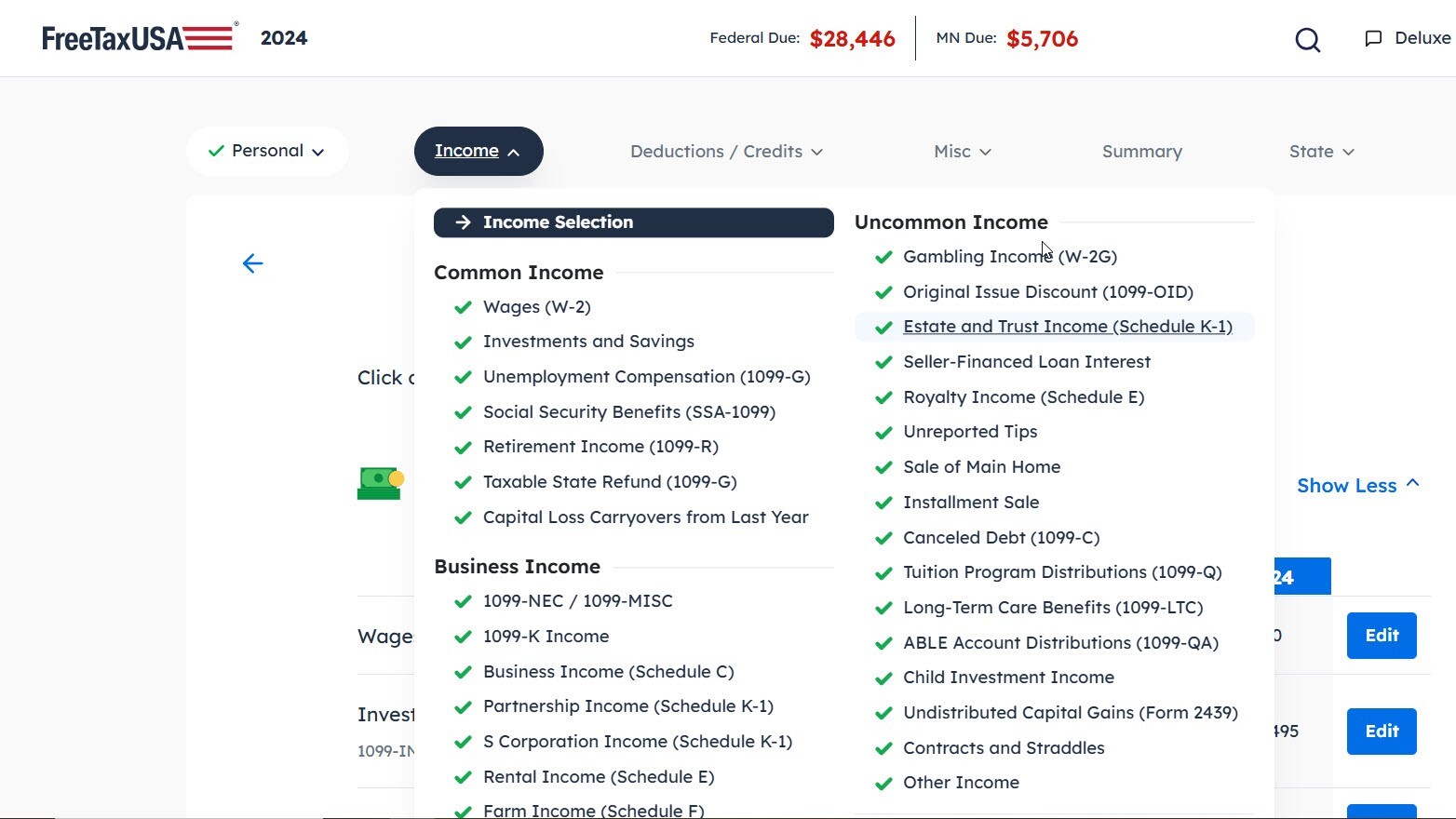 Navigation outline in FreeTaxUSA
