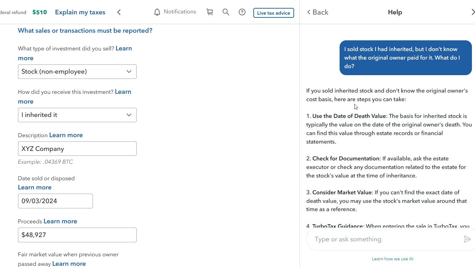 Investment sales page in TurboTax