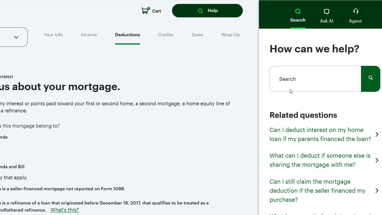 Mortgage interview page with help in H&R Block