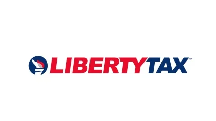The Liberty Tax logo, which looks like a closeup of a flame on a torch, and the words Liberty Tax in all capital letters in red and blue to the right
