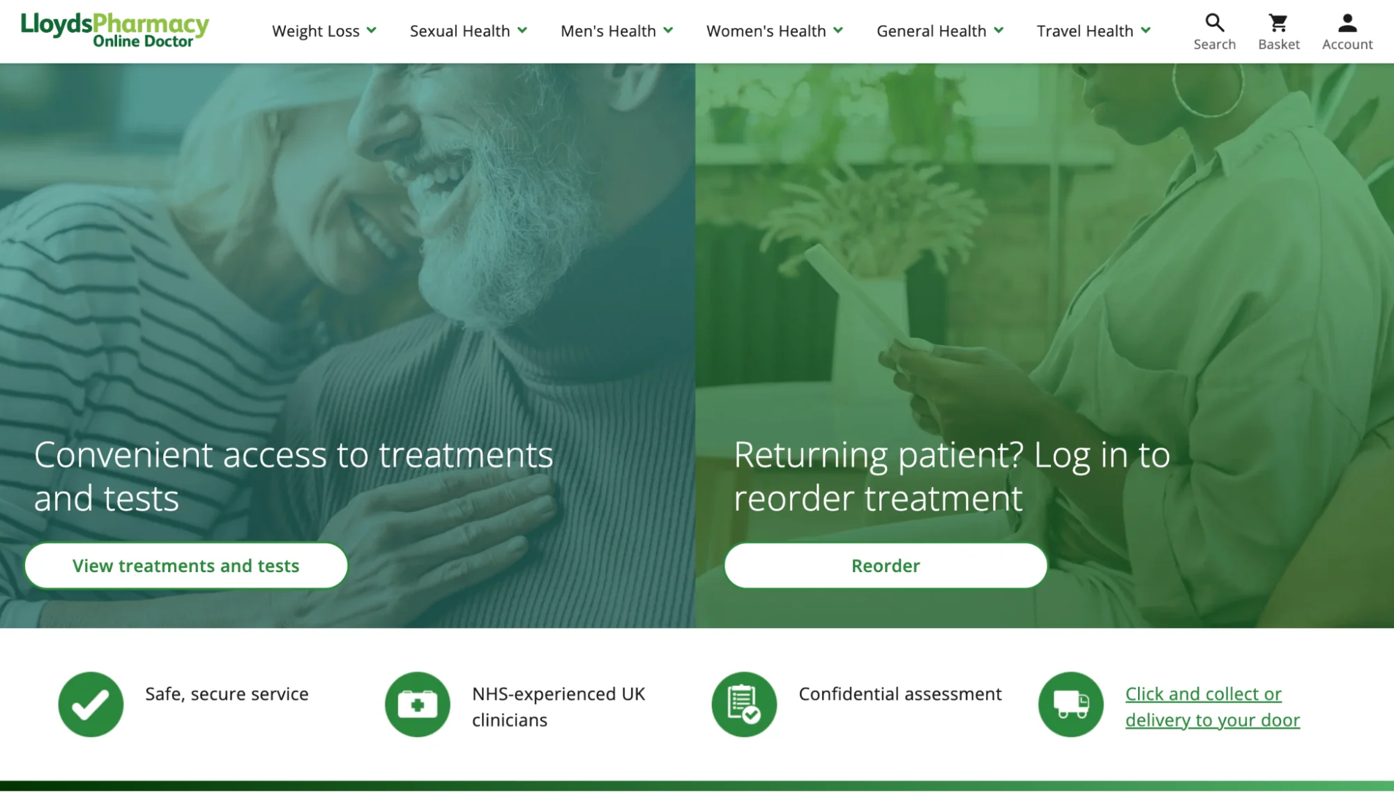 LloydsPharmacy homepage showing options for new treatments or patient login.