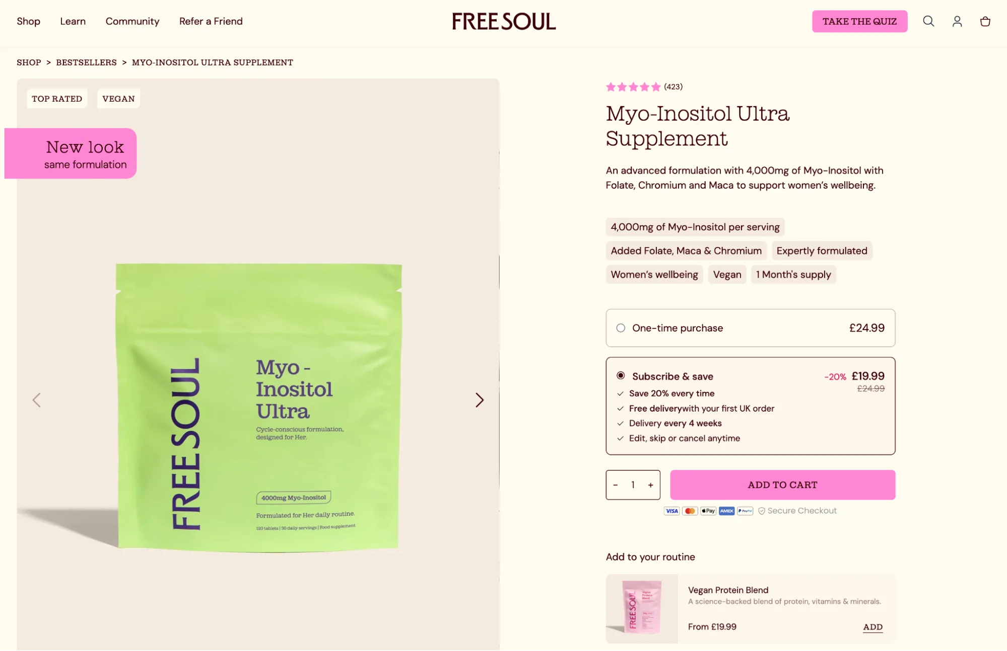 Free Soul Myo-Inositol product page with subscription options.