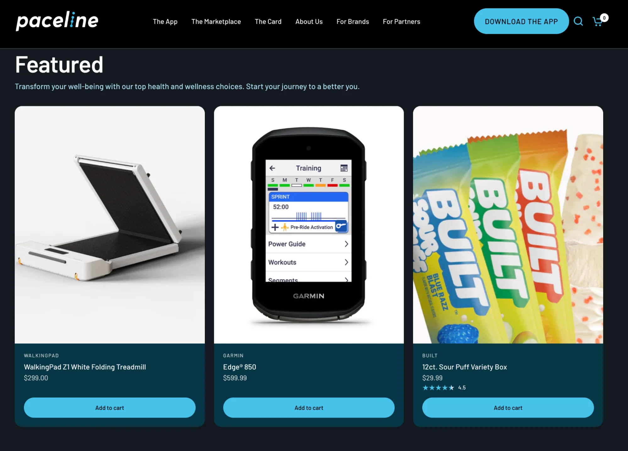 Paceline marketplace displaying featured products including a treadmill and protein bars.