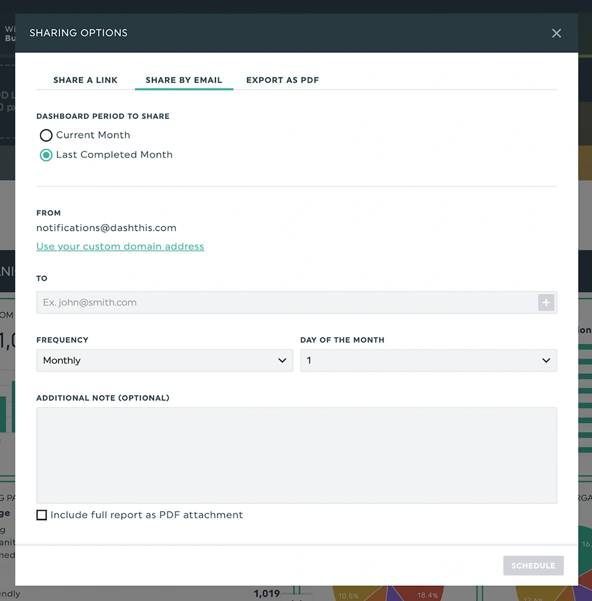 DashThis SEO report sharing settings, with frequency options