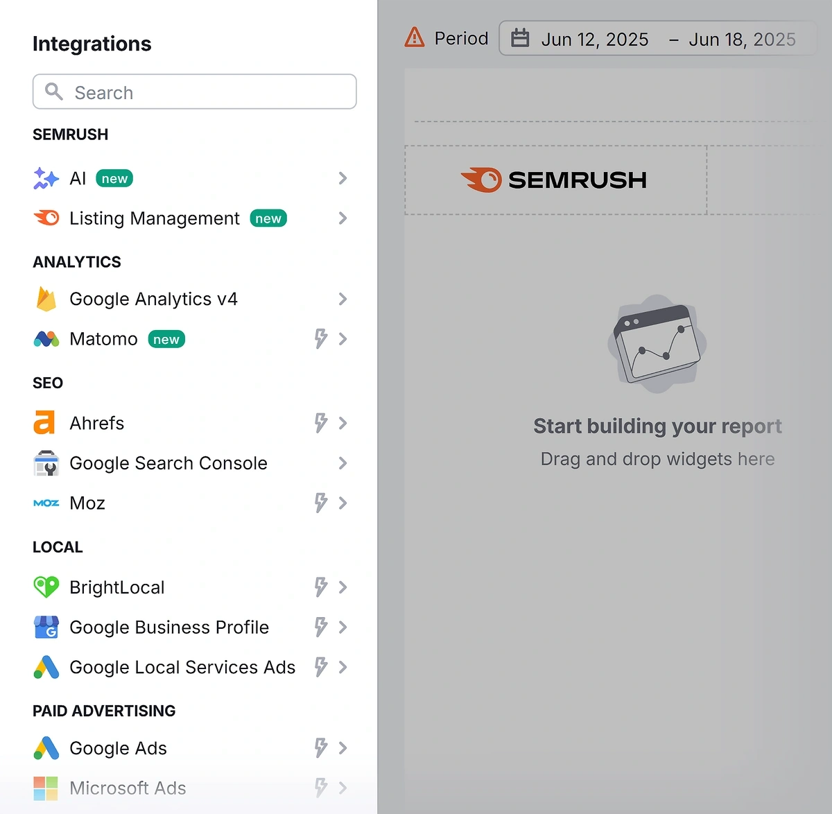 Integrations in Semrush report builder