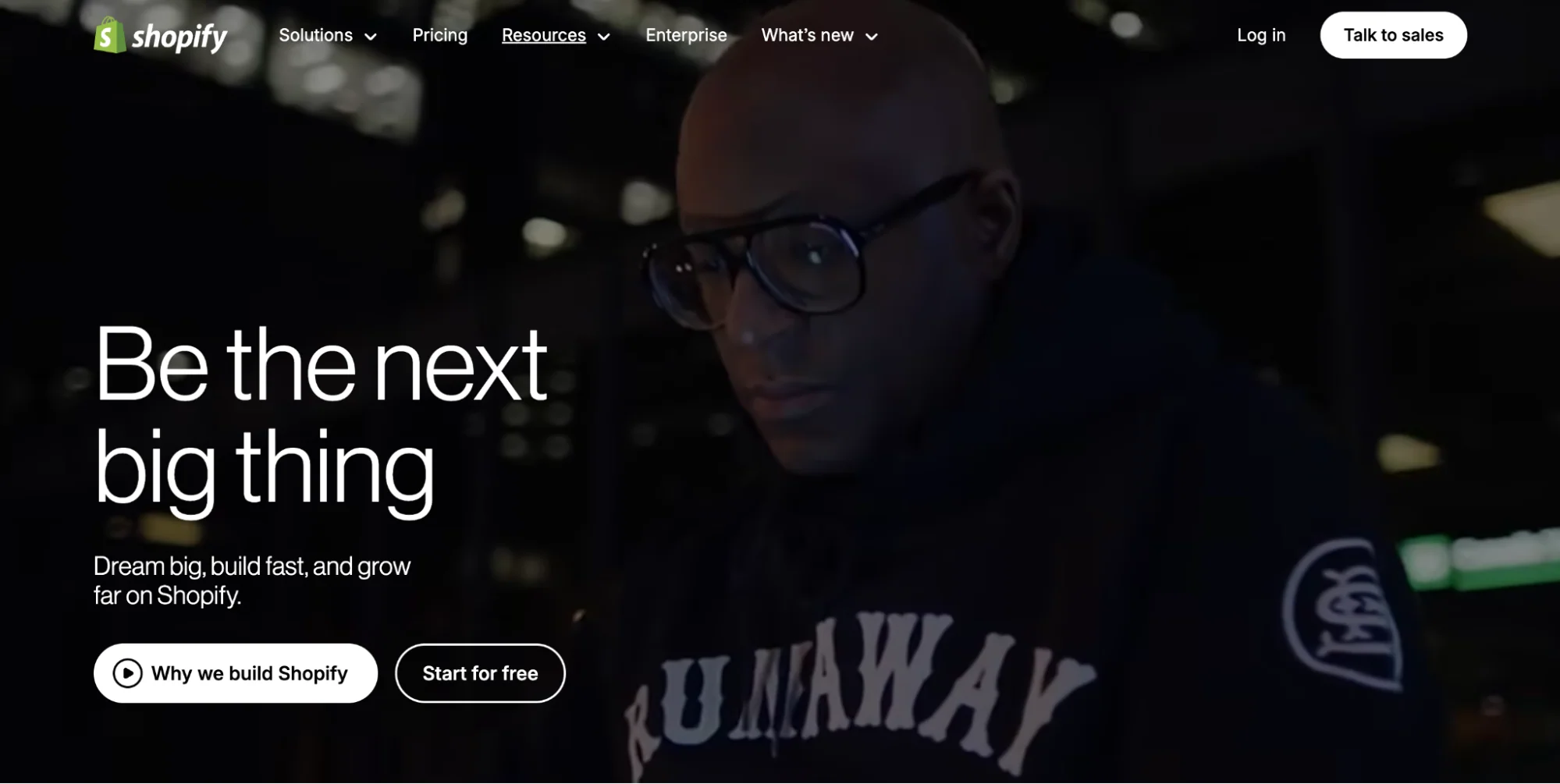Shopify homepage featuring ’Be the next big thing’ tagline encouraging entrepreneurs to grow online.