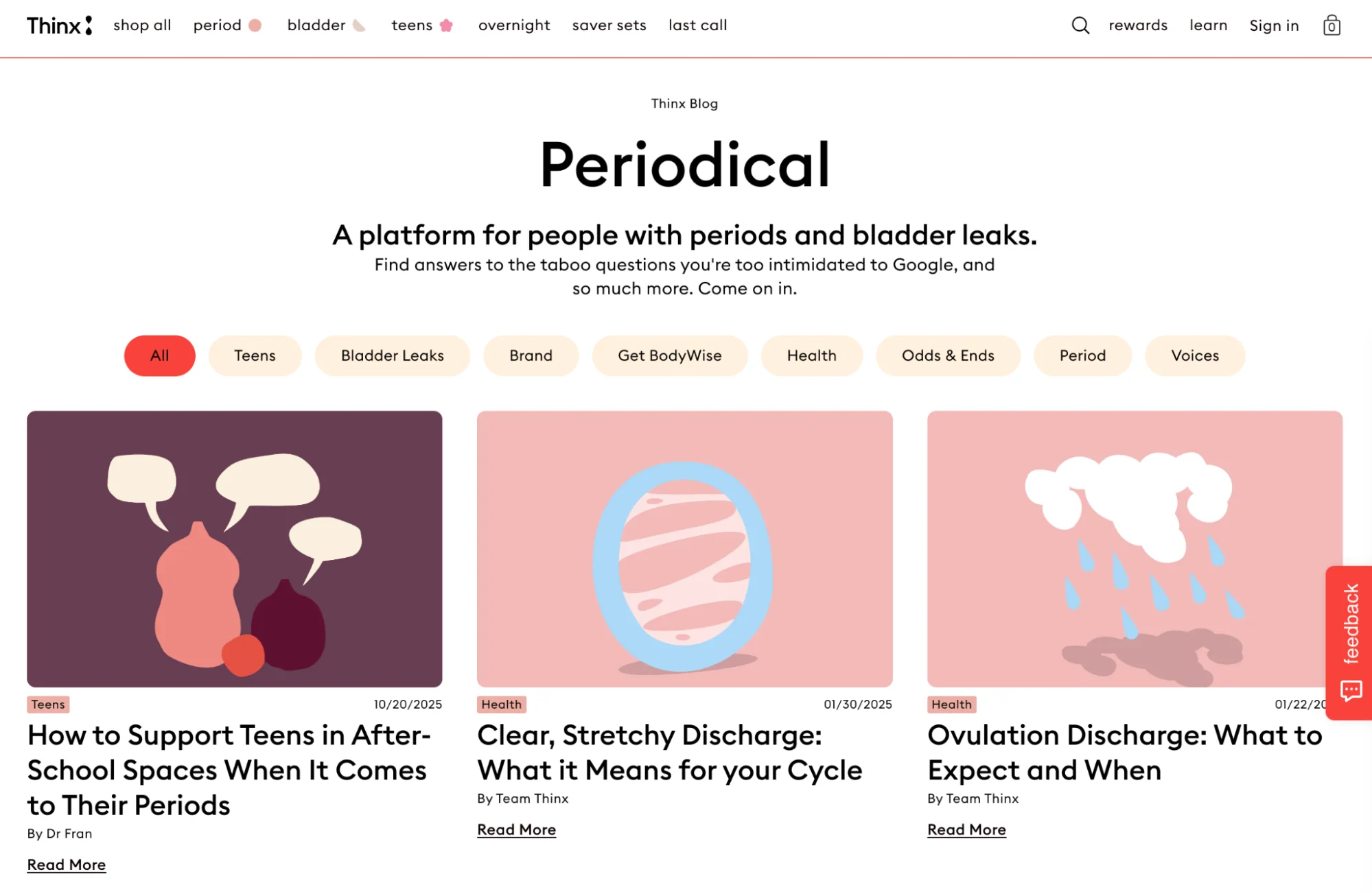 The Thinx Periodical blog home with topics like teens, period, and voices.