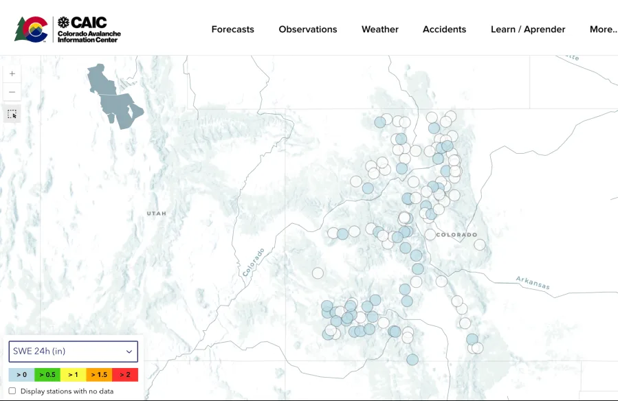 <em><sup>A screenshot of the new Weather Station Map on CAIC’s website. </sup></em>