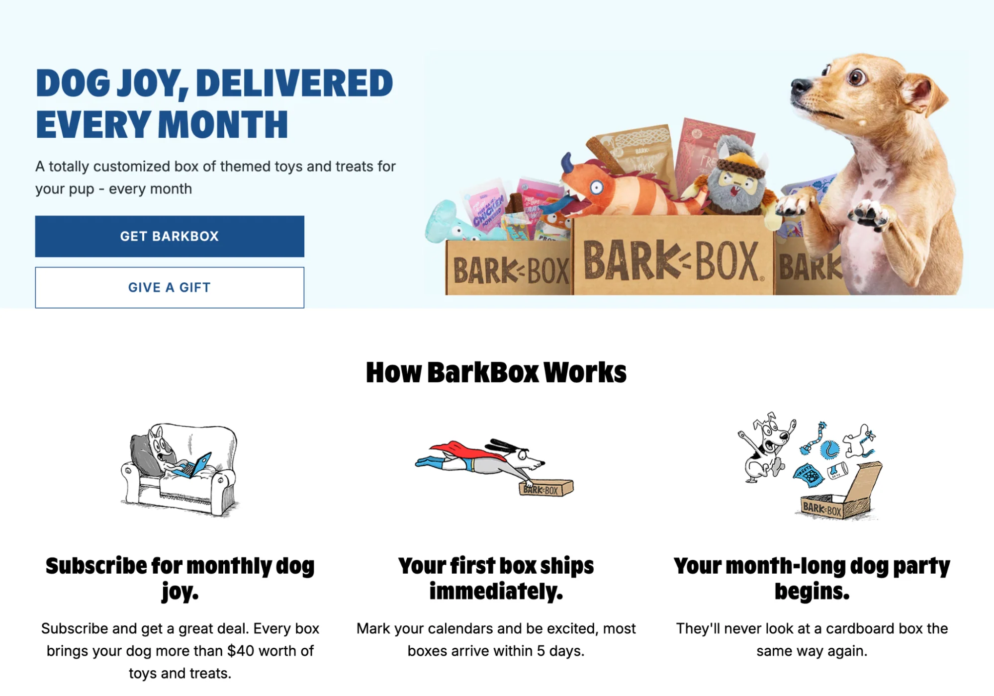 BarkBox website homepage showing a curated box of dog toys and treats.