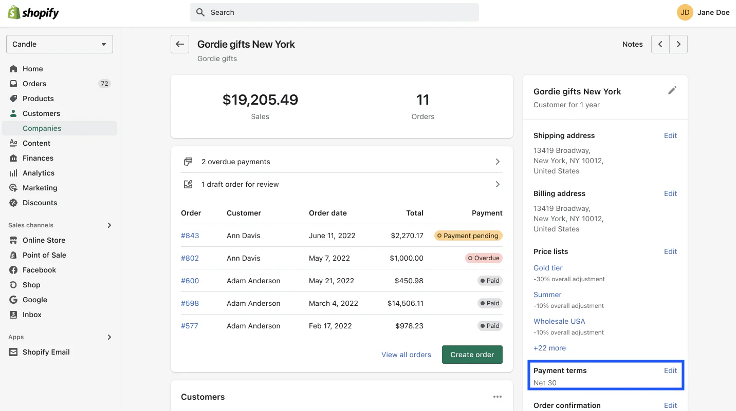 Shopify B2B customer profile for a New York gift store on net-30 payment terms.