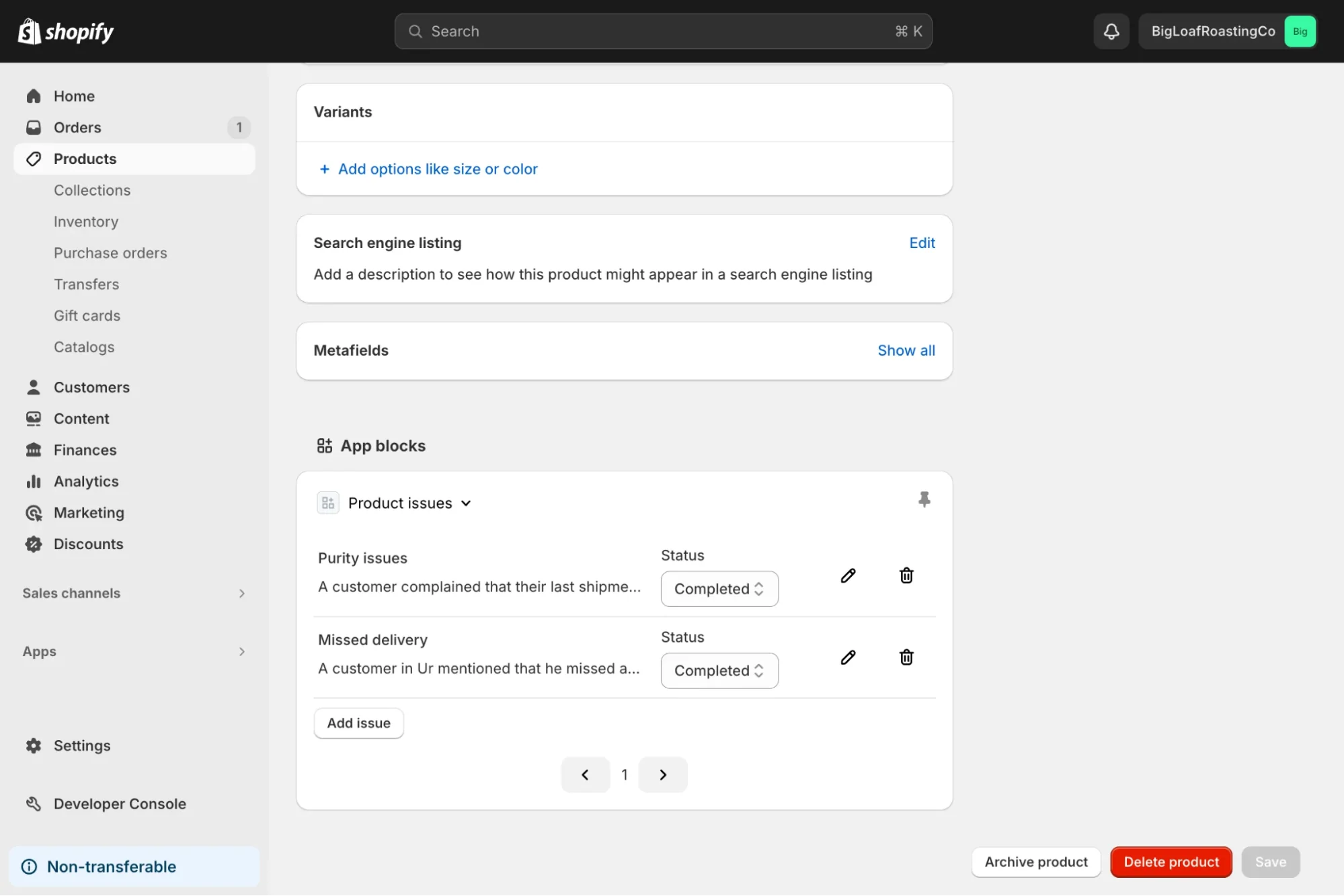 Shopify product dashboard showing variants, SEO listing, and product issue management.