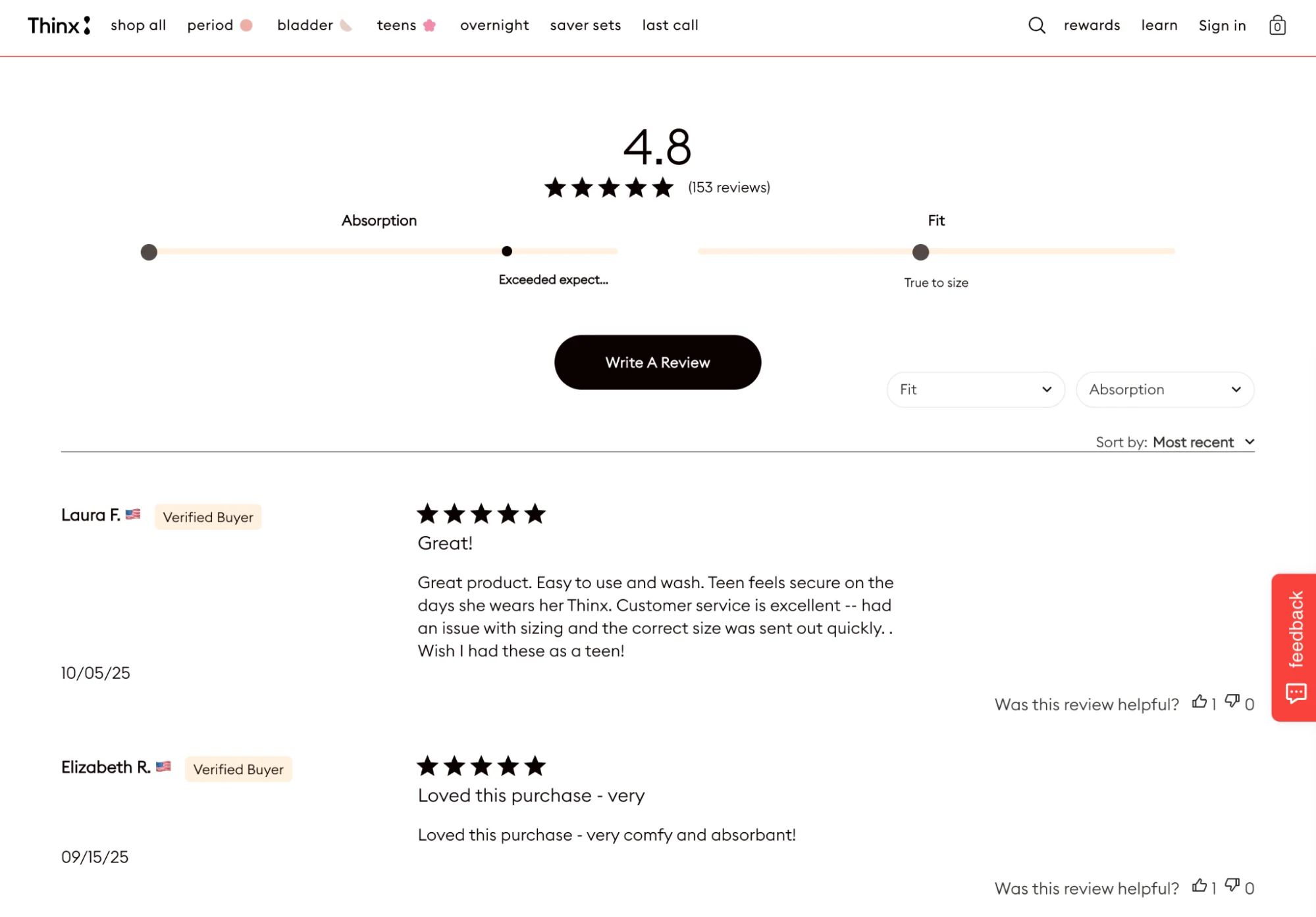 The review section on Thinx PDP with a 4.8 star rating for leakproof underwear.
