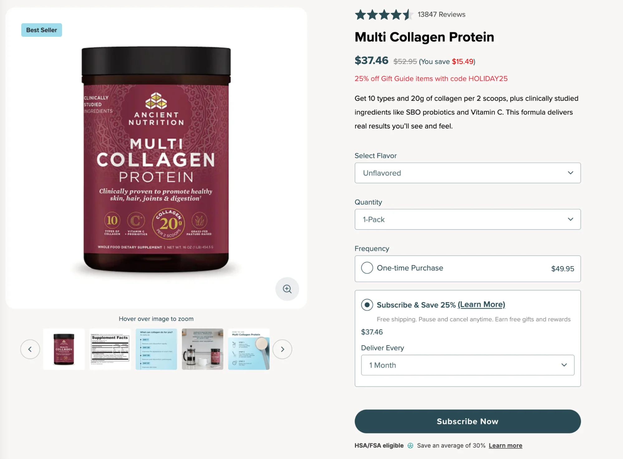 Ancient Nutrition PDP for multi collagen protein product with subscription option.