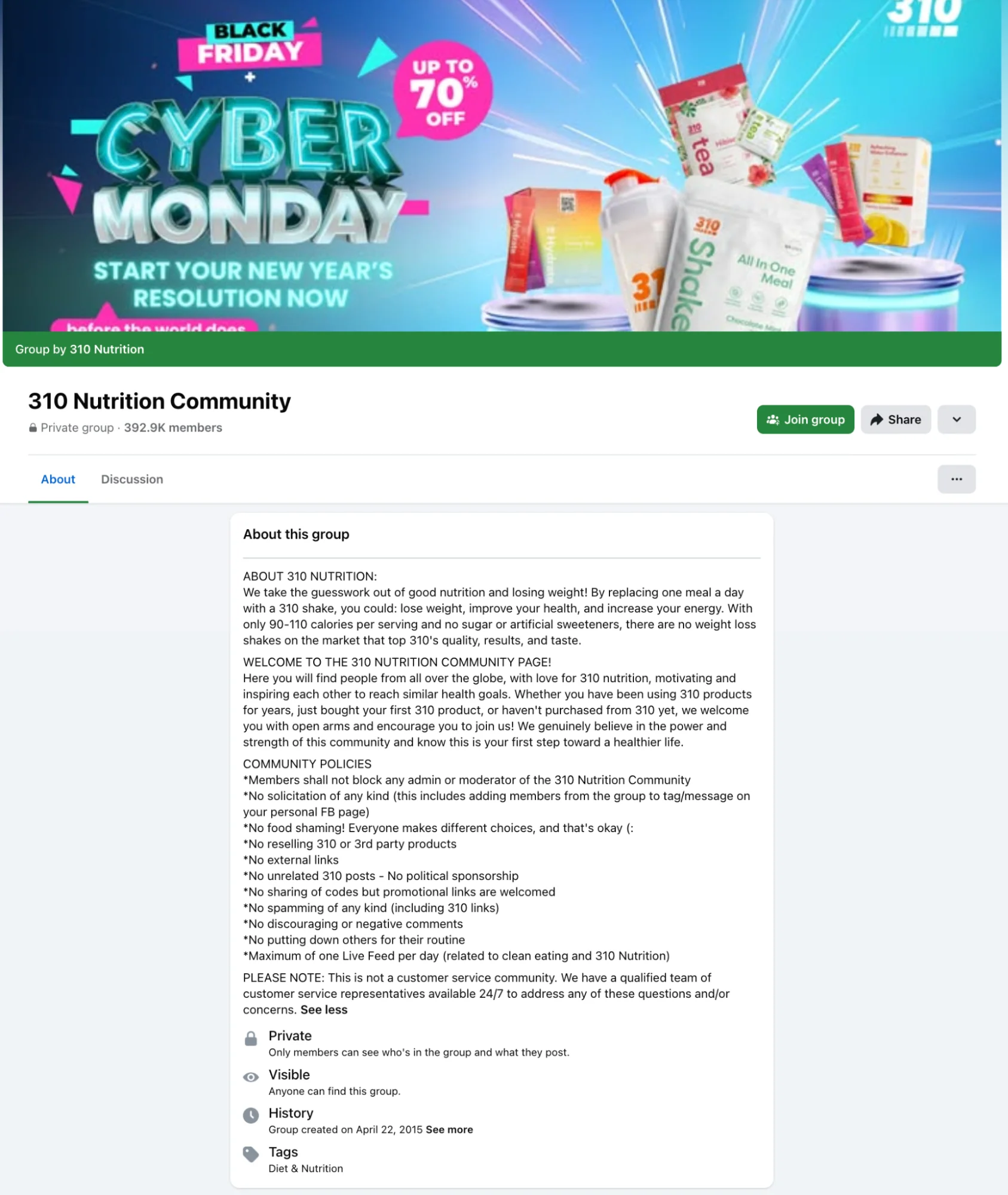 Image of 310 Nutrition Community on Facebook with Cyber Monday banner.