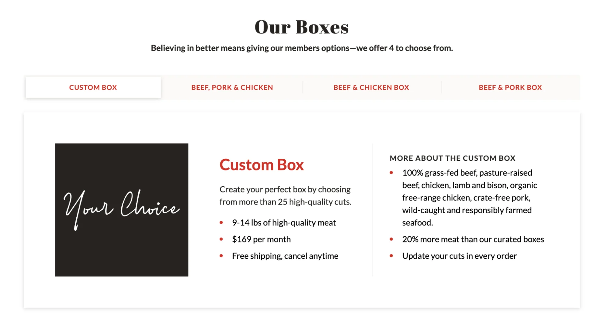 ButcherBox website “Our Boxes” section highlighting the “Custom Box” and its features..