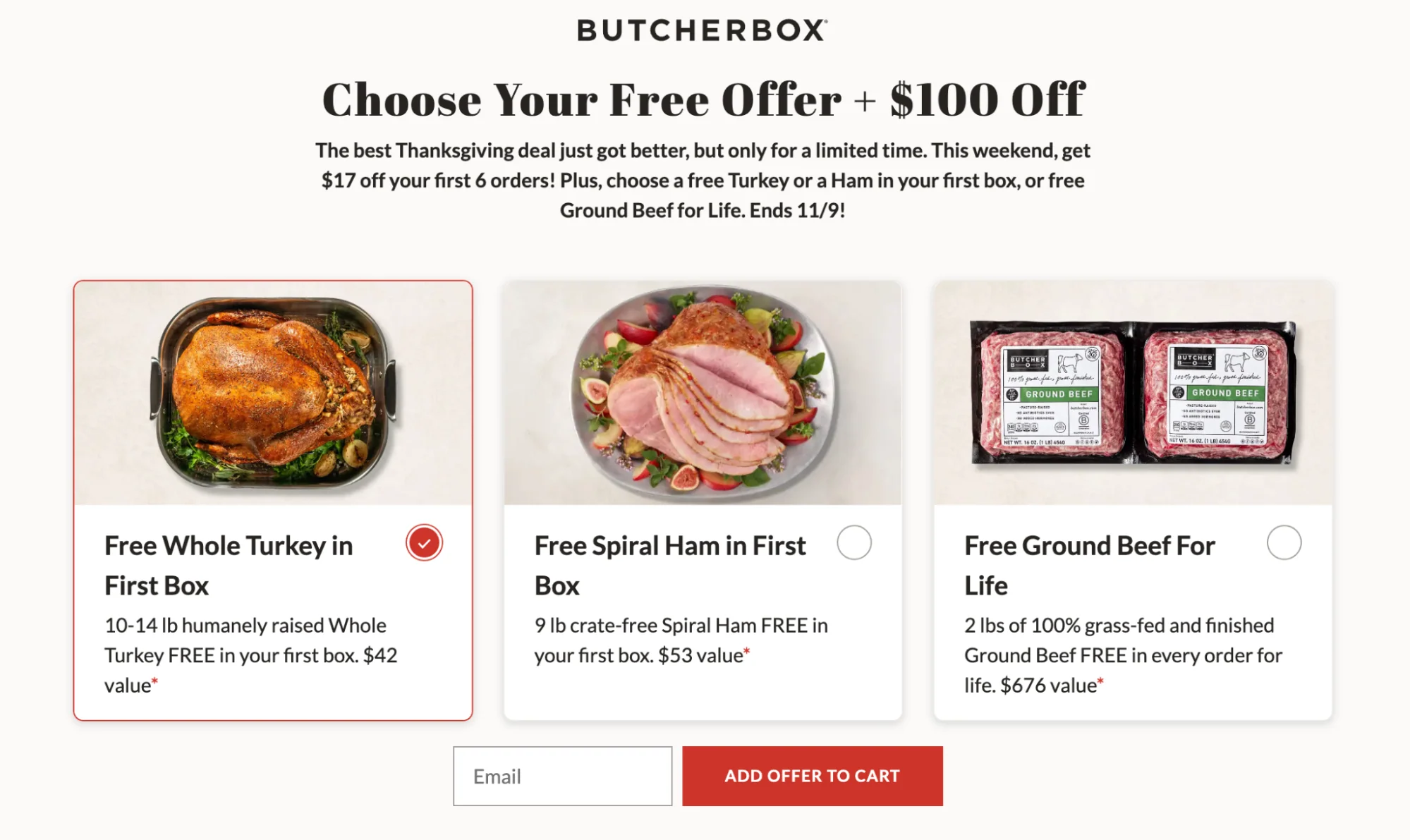 ButcherBox “Choose Your Free Offer” promo with options for a free turkey, ham, or ground beef.
