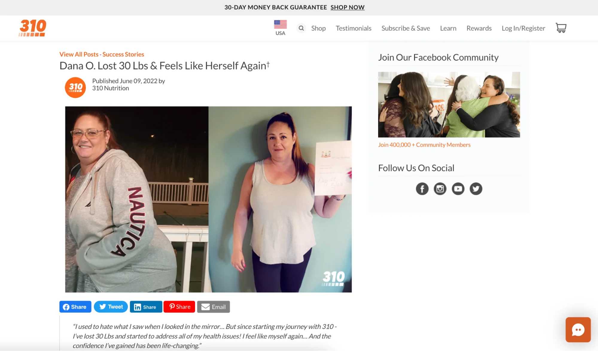 Blog page on 310 Nutrition website about a customer who lost weight with their products.