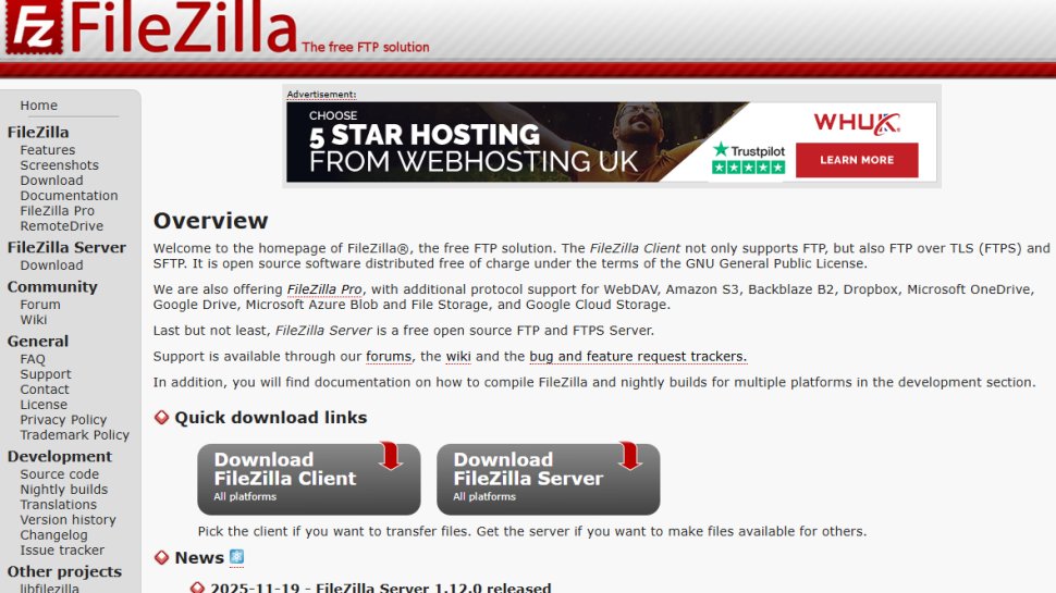Website screenshot of FileZilla (December, 2025)