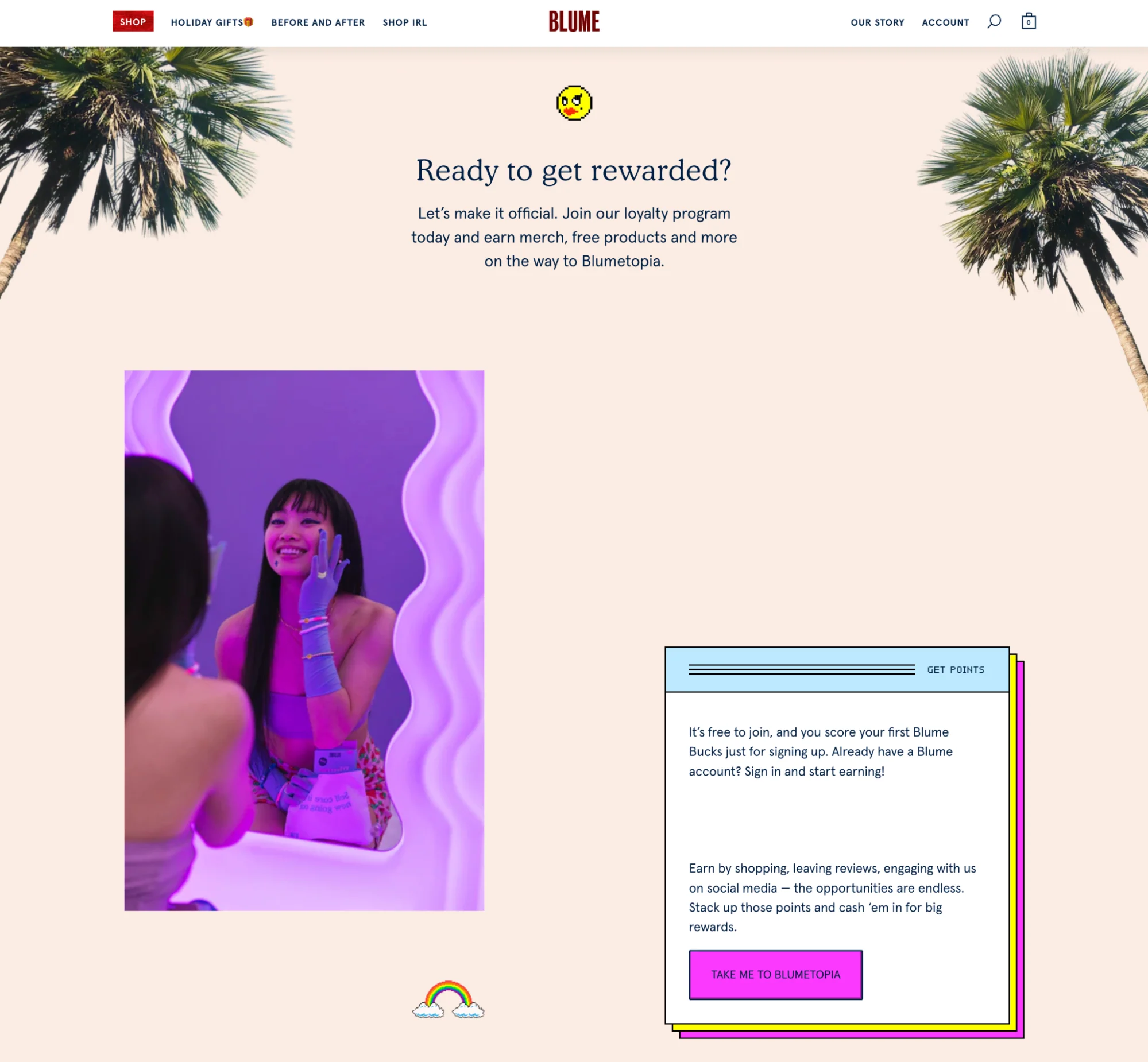 Landing page for Blume loyalty program with “Ready to get rewarded?” headline.