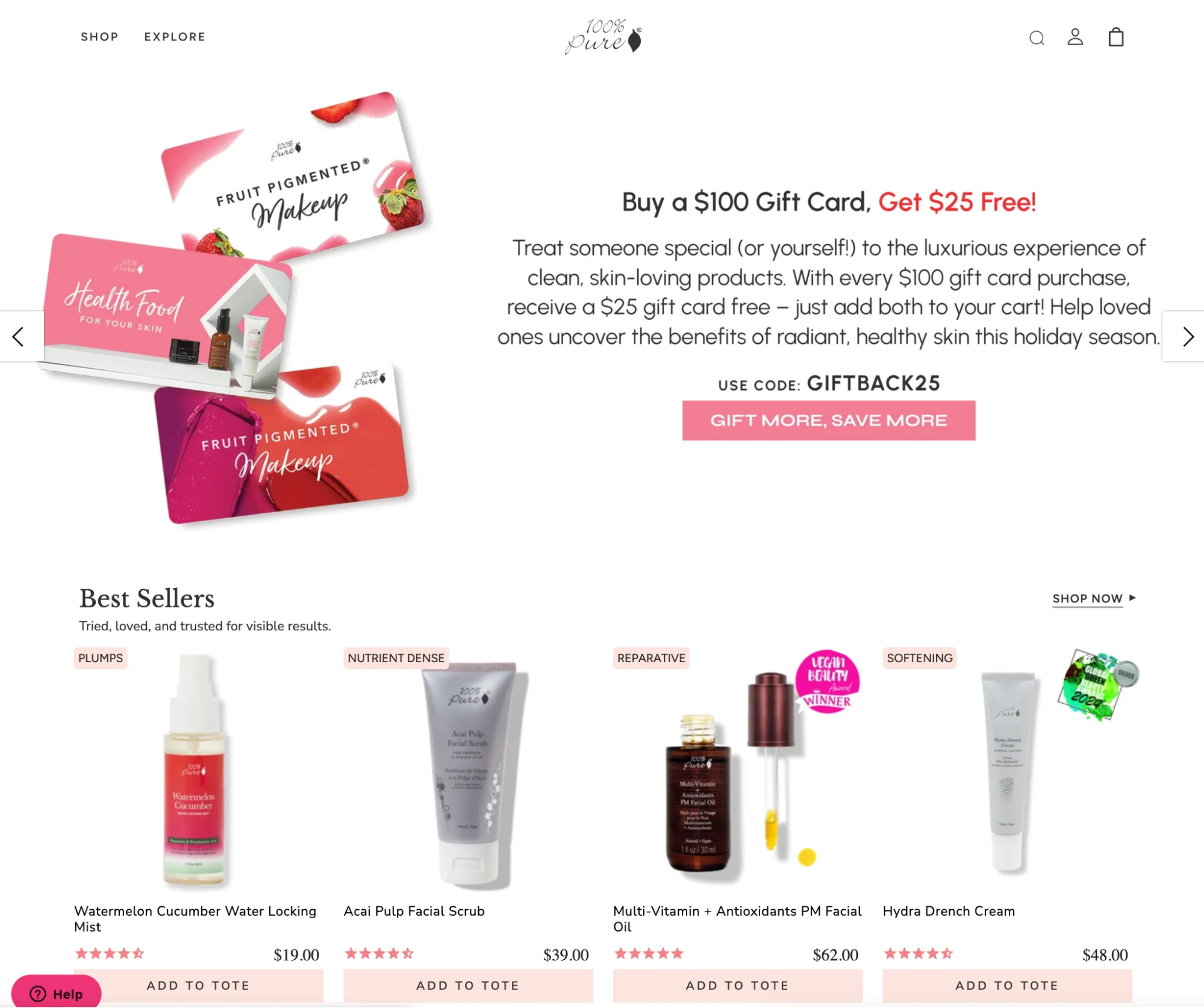 100% Pure homepage with gift card offer and products.