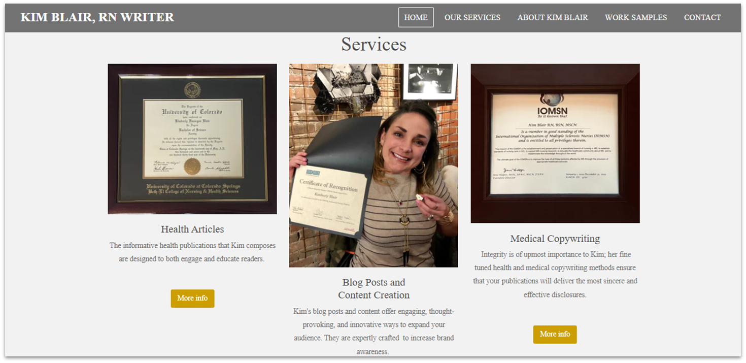 Homepage of a Webador writing-focused website