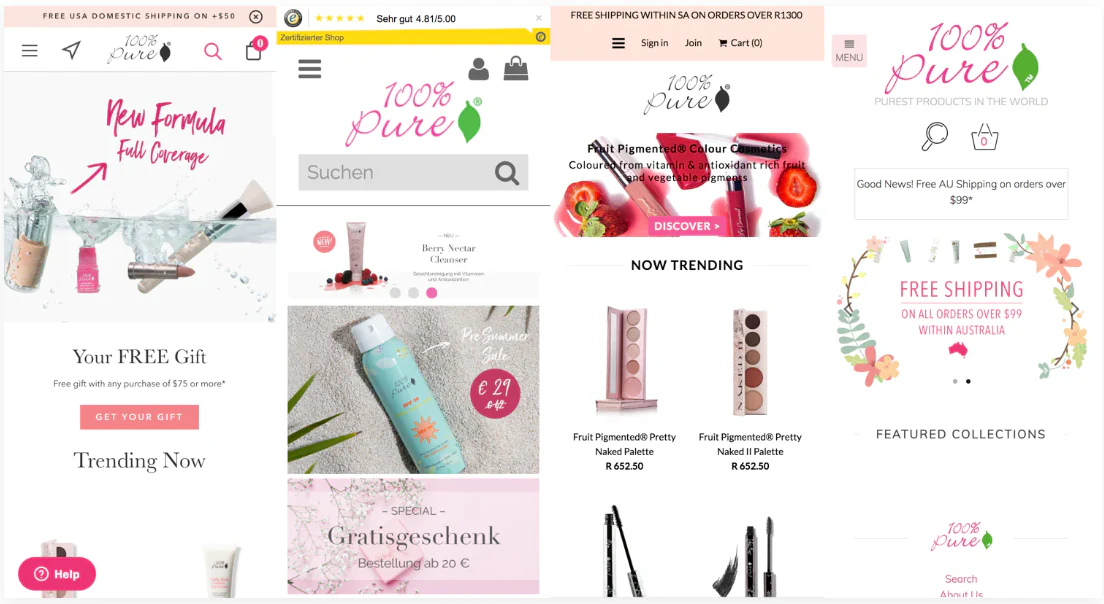 100% Pure’s storefronts in the US, Germany, South Africa, and Australia.