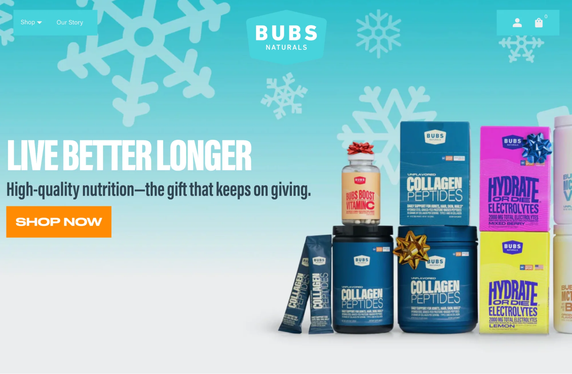 BUBS Naturals homepage with winter theme and product lineup.