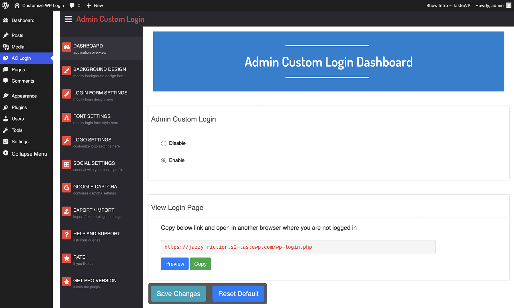 Admin Custom Login plugin dashboard