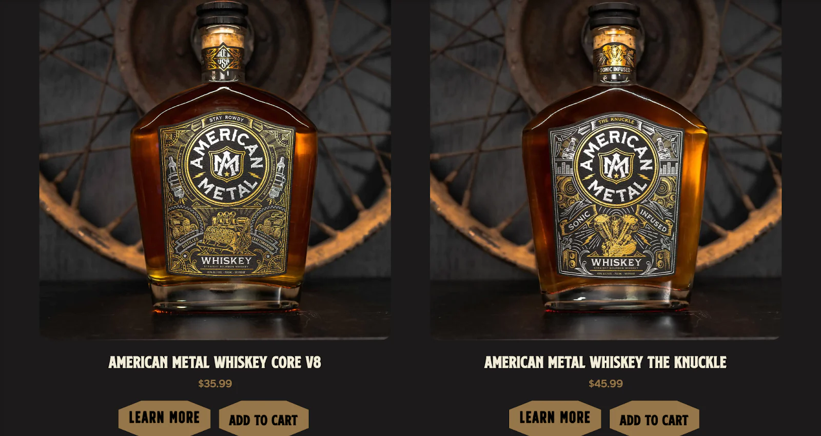 The American Metal Whiskey website features white text and gold shapes on a gray background.