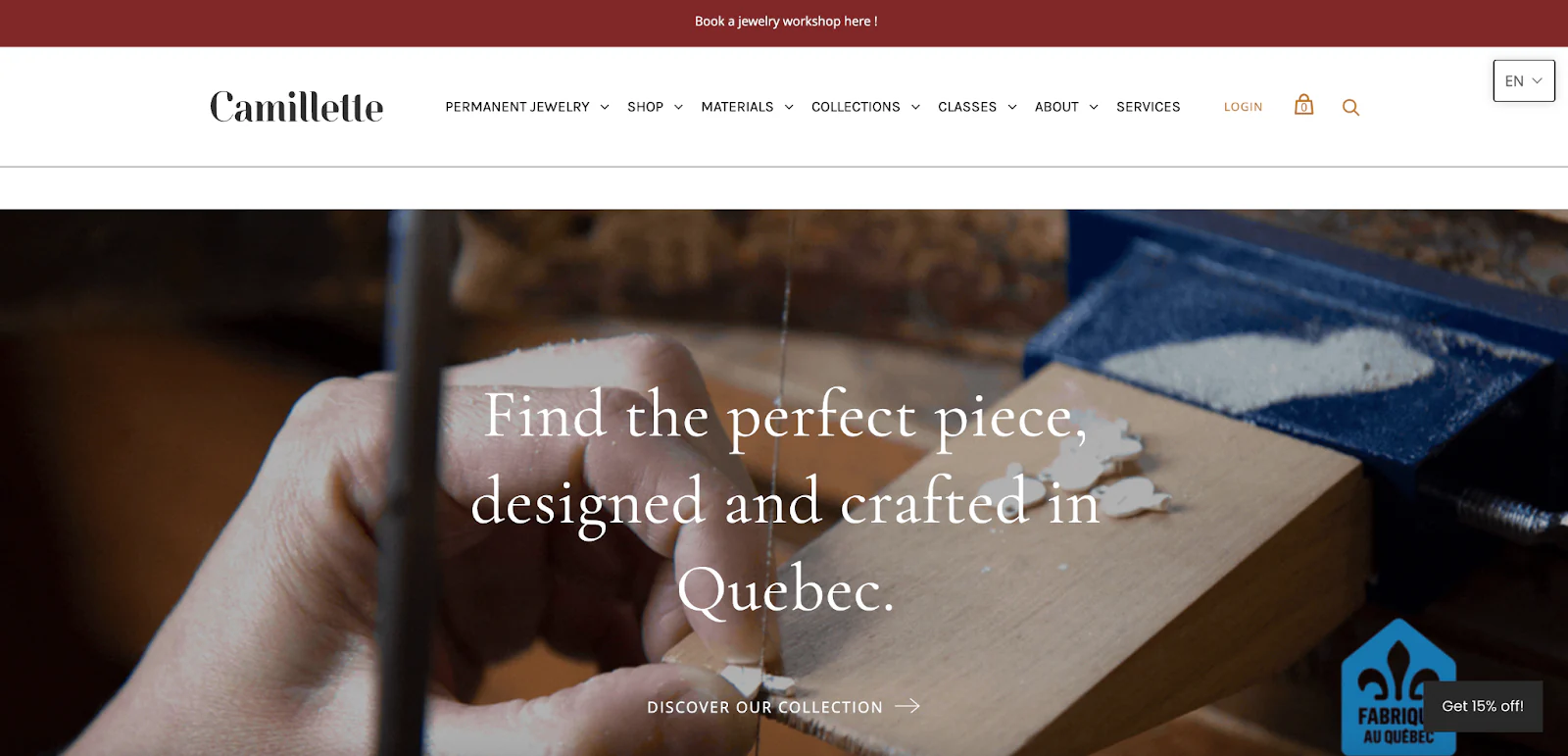 Camillette jewelry website featuring hands crafting jewelry in a workshop.