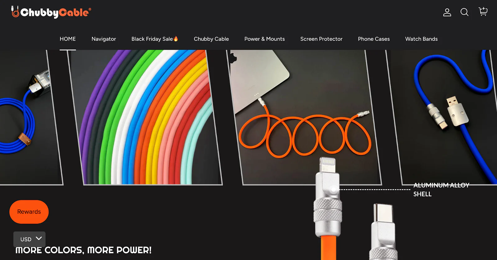 The website for tech accessories brand ChubbyCable has a dark background with pops of orange.