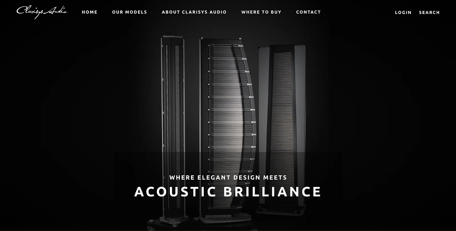The black website for Clarisys Audio emphasizes the unique shapes of the brand’s speakers.