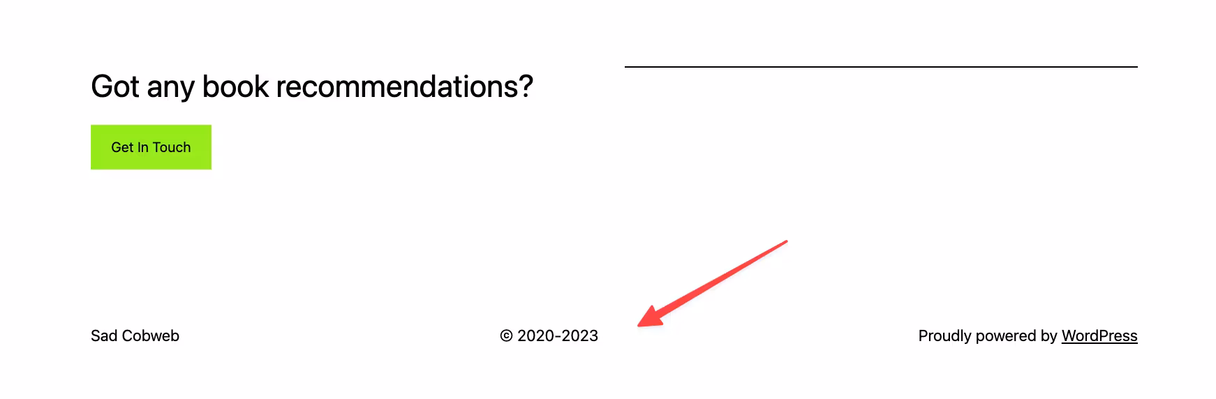 What the dynamic copyright date in WordPress footer looks like when finished.