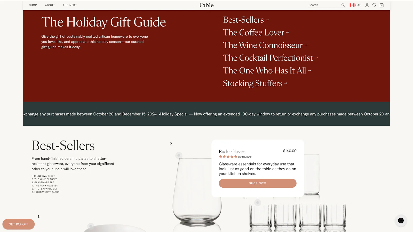 Fable's holiday gift guide webpage highlights best sellers and has a glass and its description.