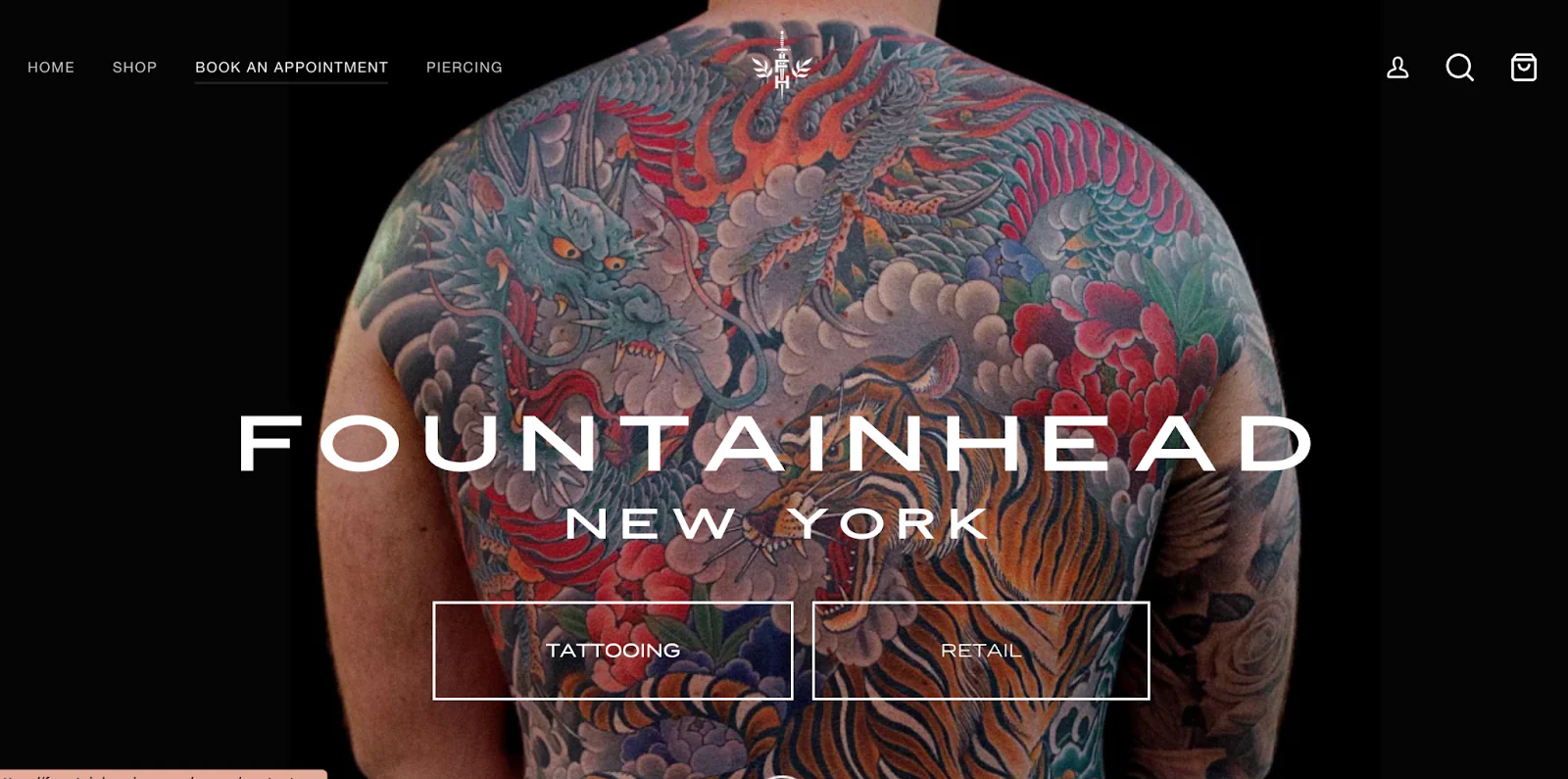 Fountainhead New York’s website shows a person’s back with a colorful tattoo, on a black background.
