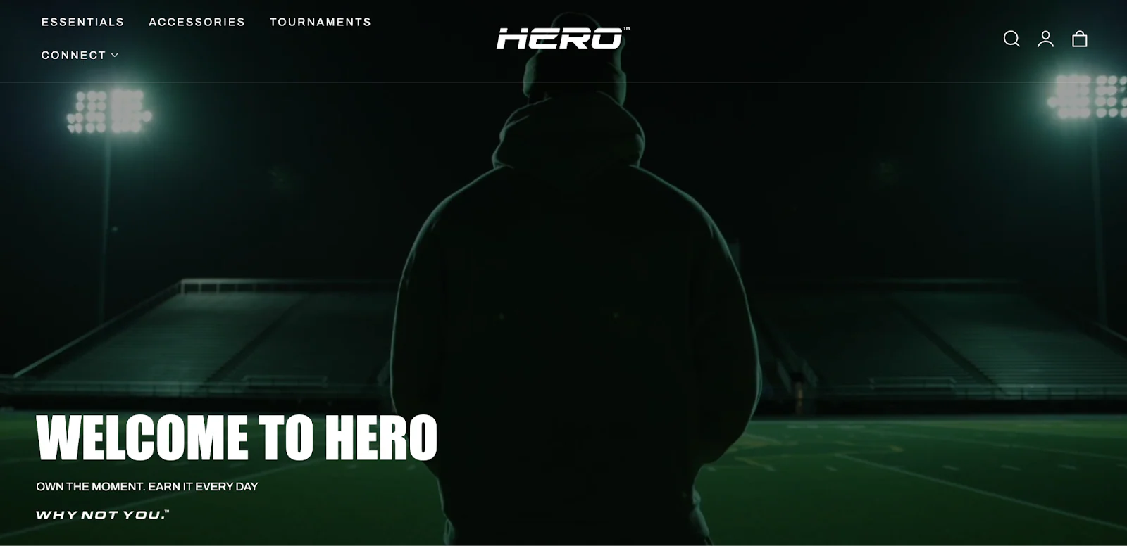 The website for the sportswear brand Hero with an athlete standing in a dark field.