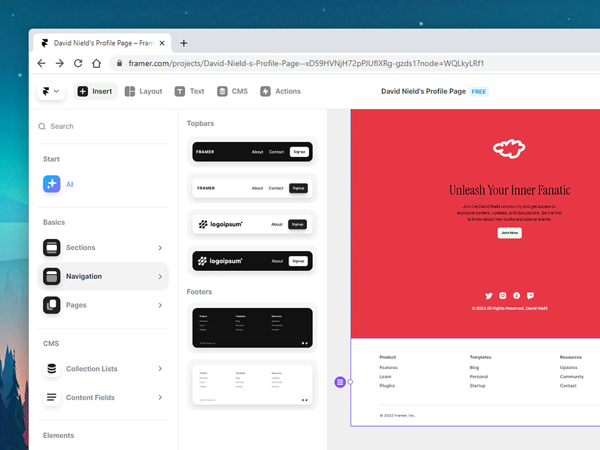 The Framer interface allows you to edit any AI-generated website resulting from your prompt.