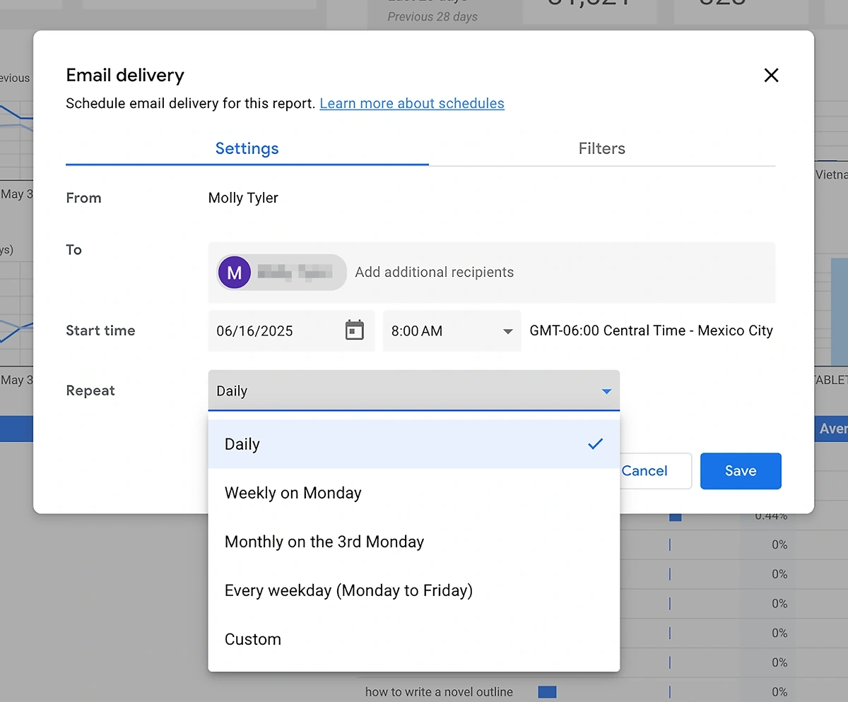 Delivery schedule settings for Looker Studio reports