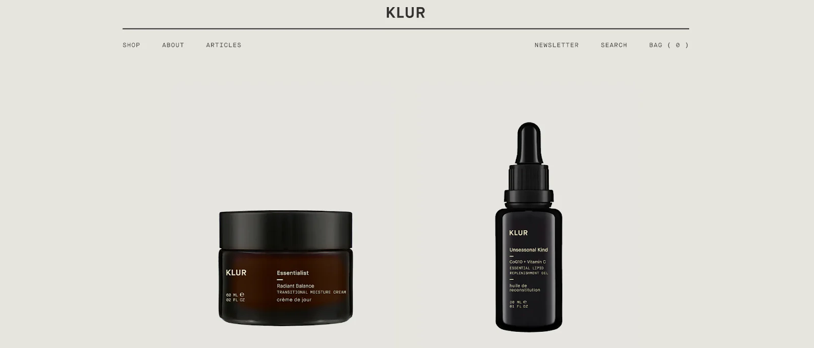 Klur product page featuring moisturizer and vitamin C serum.