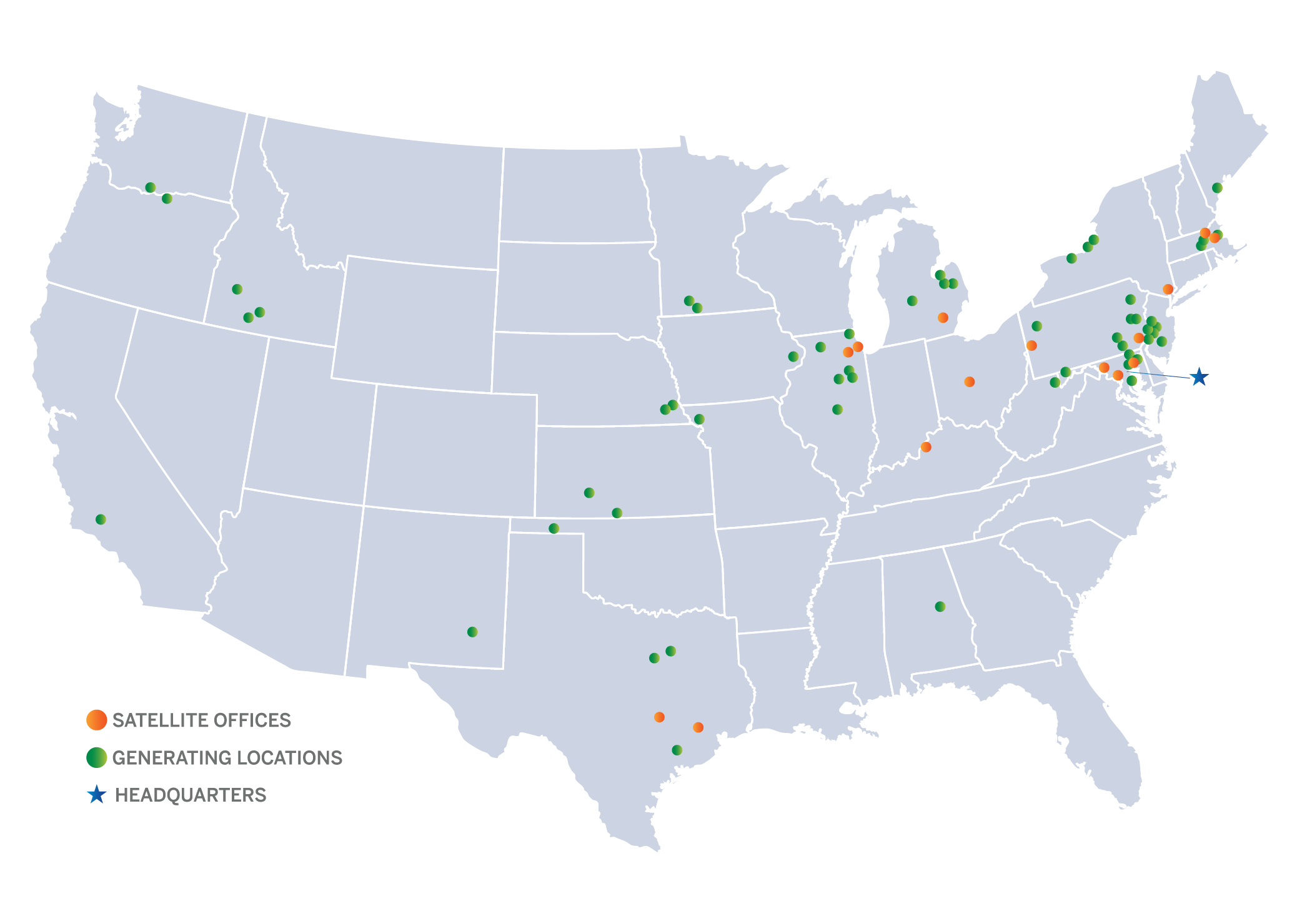 Map image, showing the stats Headquarters in Baltimore, Maryland 67 Energy Generation Facilities including Nuclear and Power 17 Satellite Offices X opportunities to discover.
