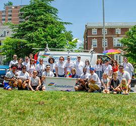 Placeholder image of buildings divided by a canal.