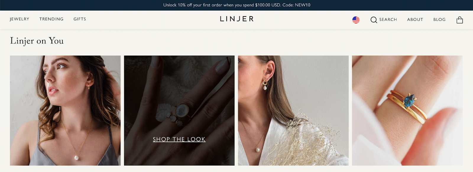 Series of four photos of women wearing various Linjer jewelry, including necklaces, earrings, and rings.