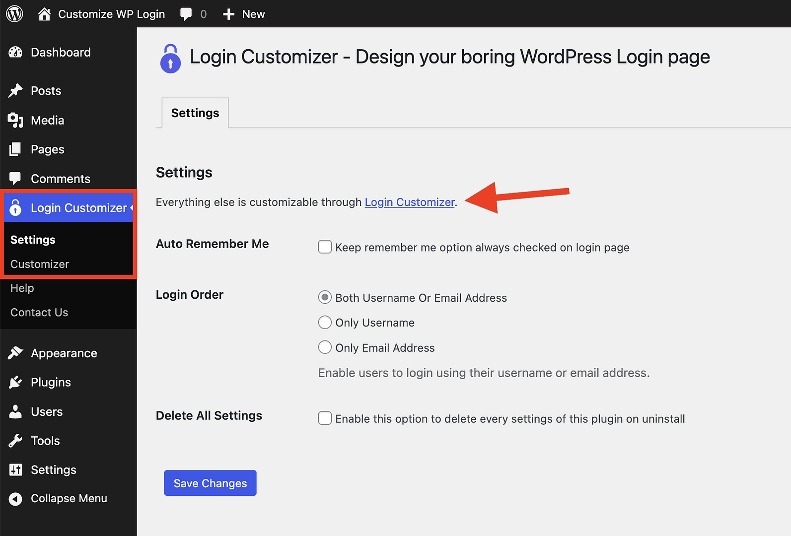 Login Customizer Settings screen