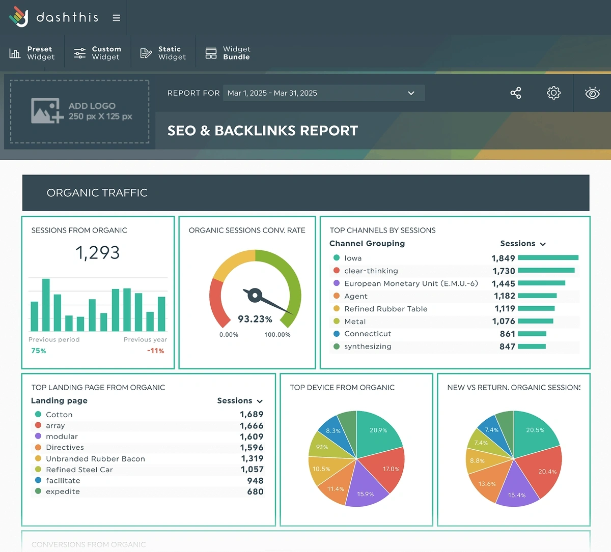 An SEO report built using DashThis showing organic traffic