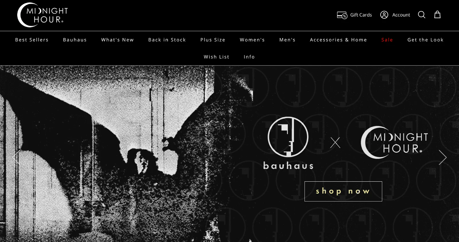 The website for Midnight Hour, a goth clothing brand, uses an appropriately spooky dark theme.