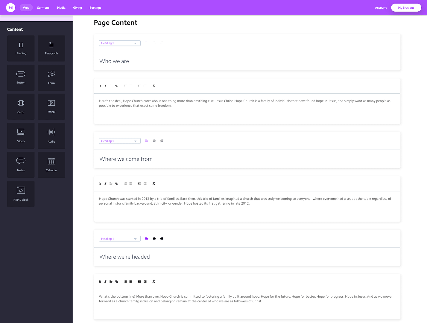 The interface for the Nuclease church site builder.