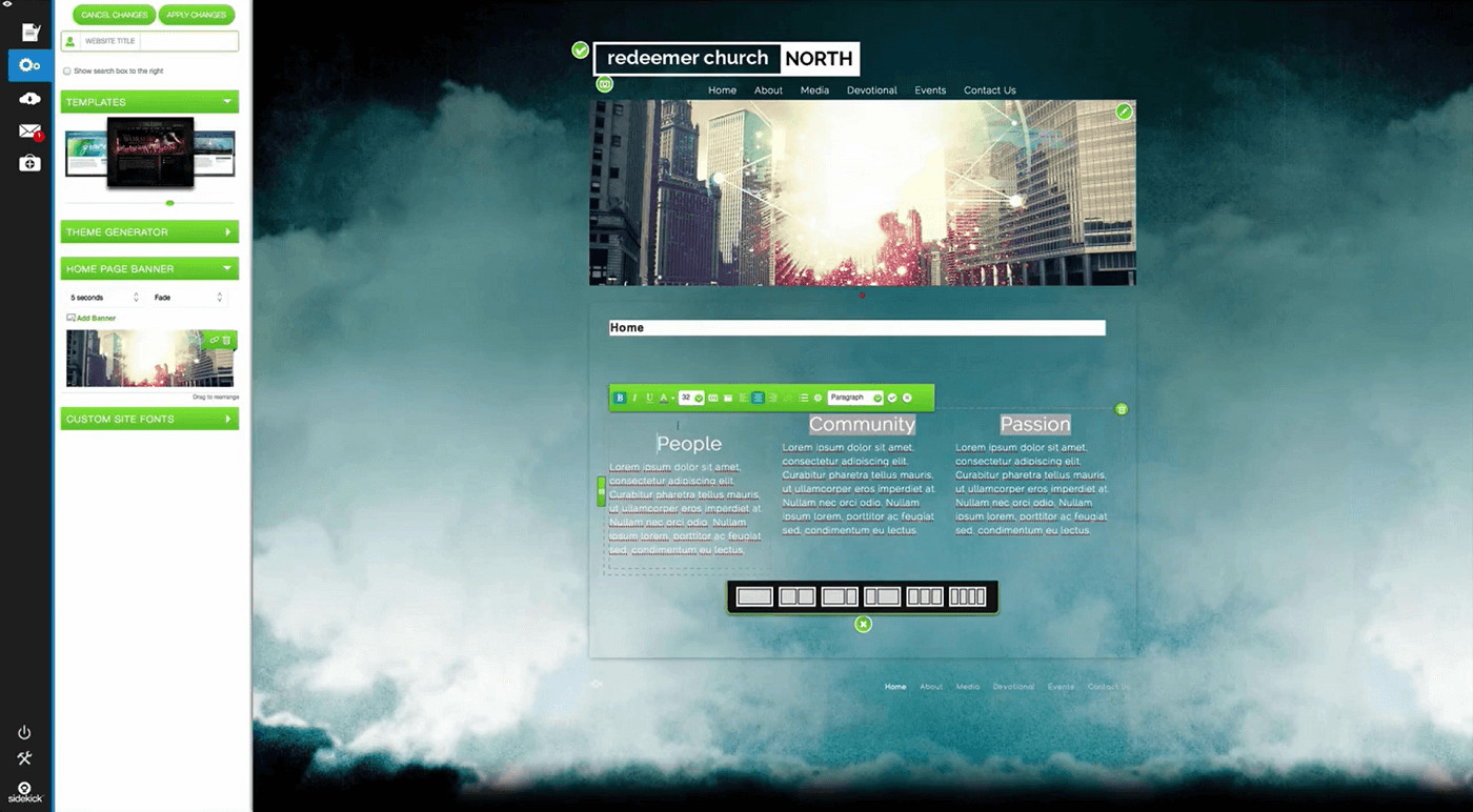 The Sharefaith site builder interface.